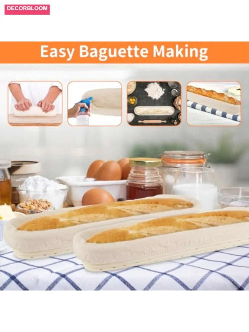 Natural Rattan Baguette Banneton Bread Proofing Basket with Linen Liner, 17